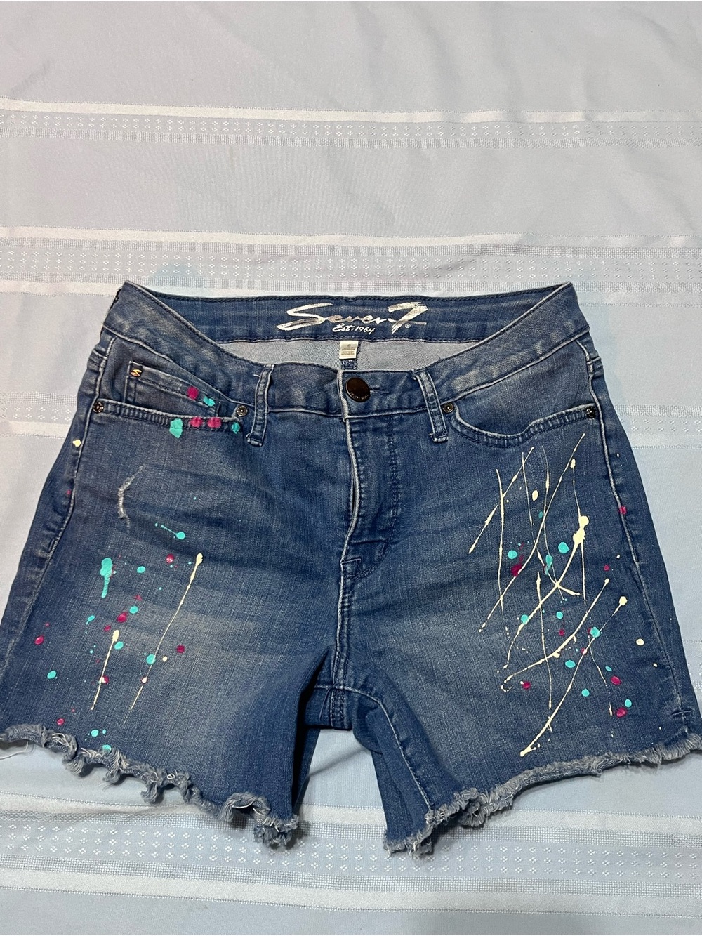 Seven7 Women's Blue Paint-Splatter Denim Shorts
